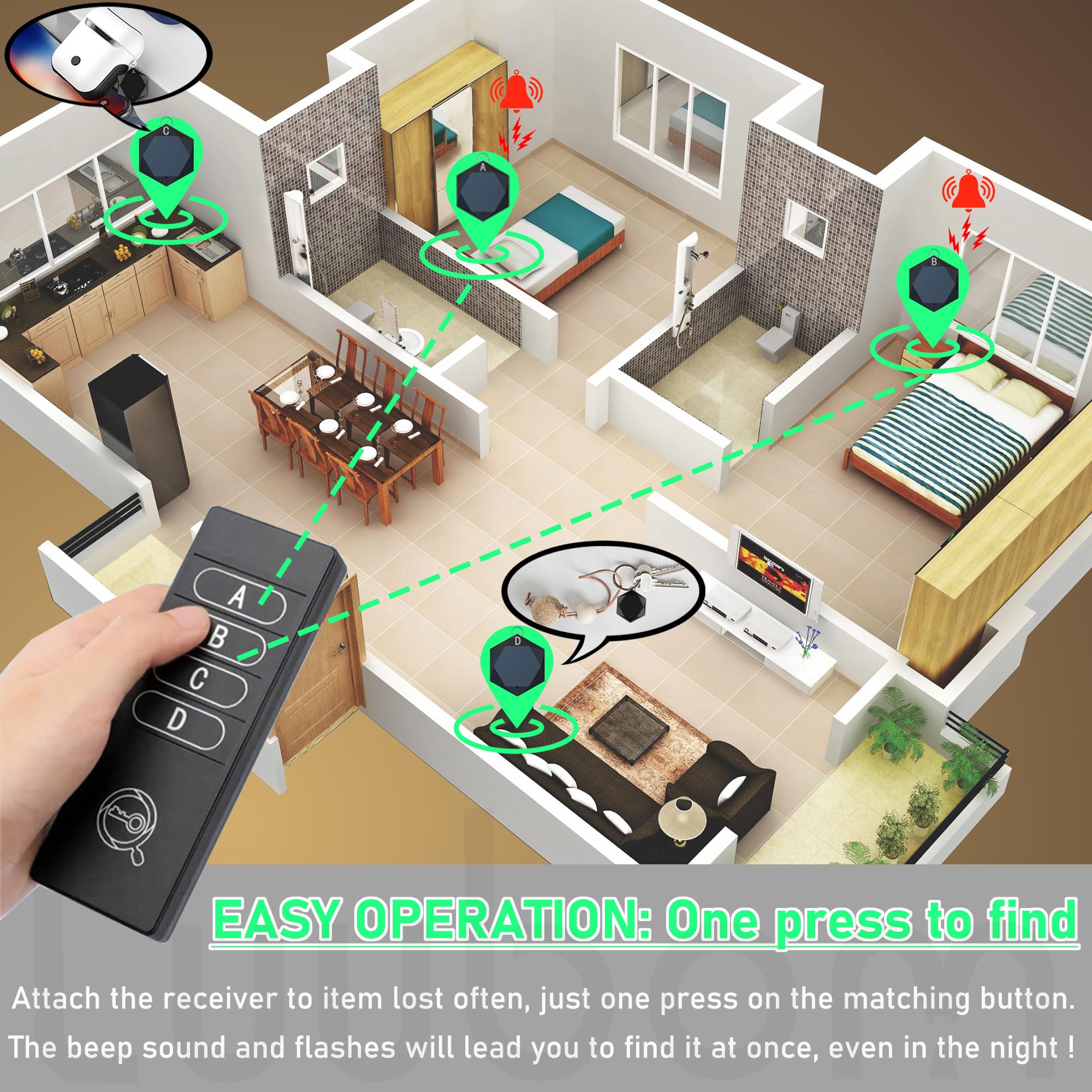 Luubom Key Finder 80Db+ Tracking Devices, Item Locator Tags With 164Ft, Wireless Locator For Finding Wallet Phone Glasses Pet, 1